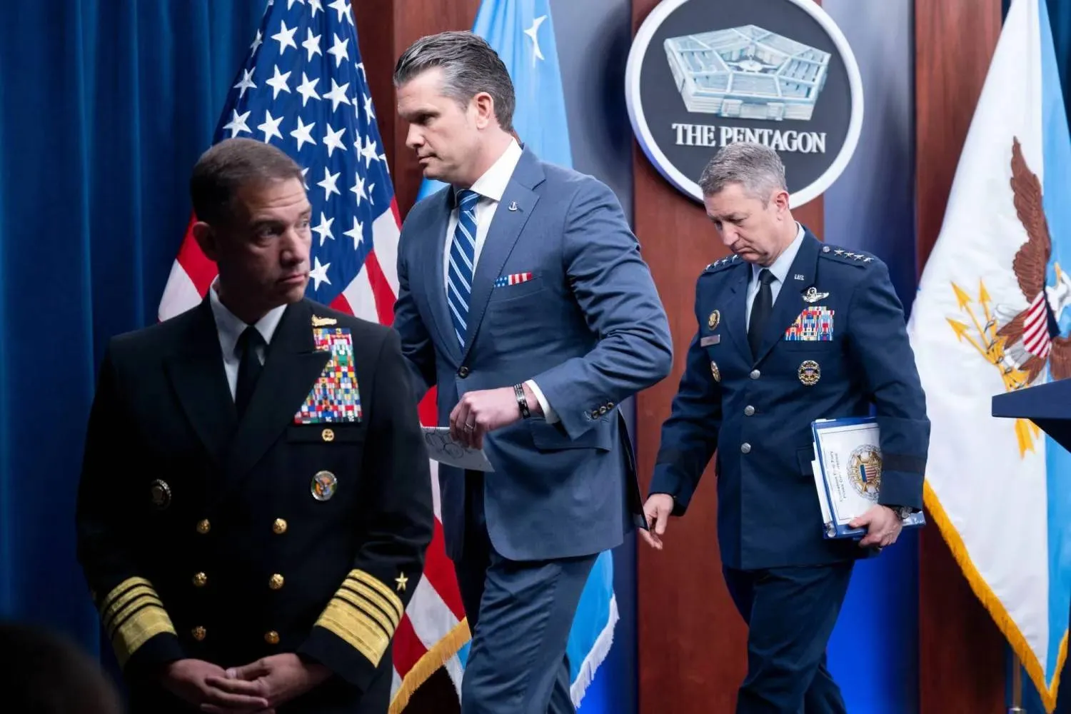Defense Secretary Pete Hegseth during a press briefing with Adm. Brad Cooper and Chairman of the Joint Chiefs of Staff Gen. Dan Caine at the Pentagon on April 16 in Washington (AP)  