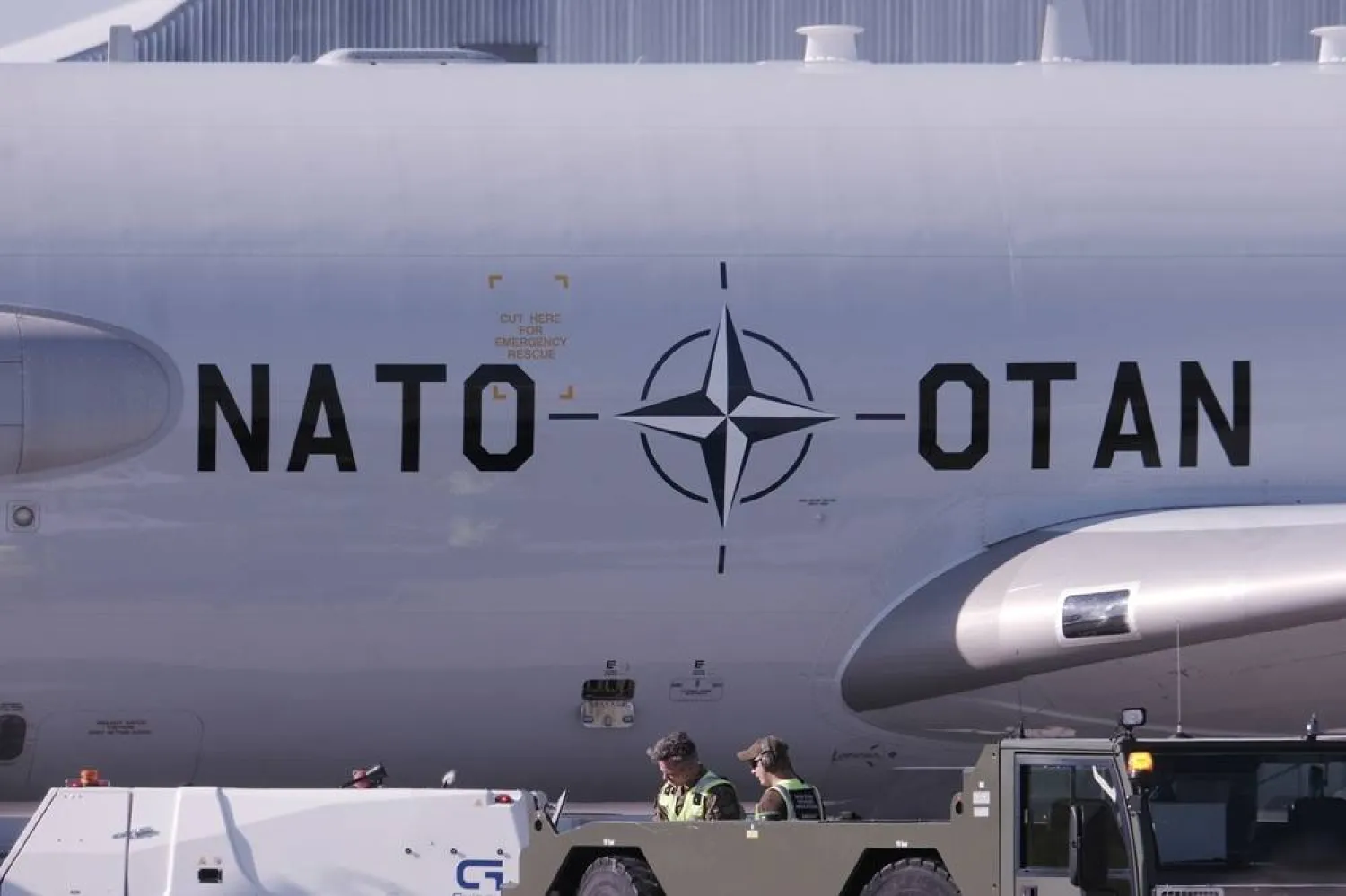 A NATO E-3A Airborne Warning and Control System (AWACS) aircraft is seen after landing in Lielvarde Air Base, Latvia, 31 July 2026. (EPA)