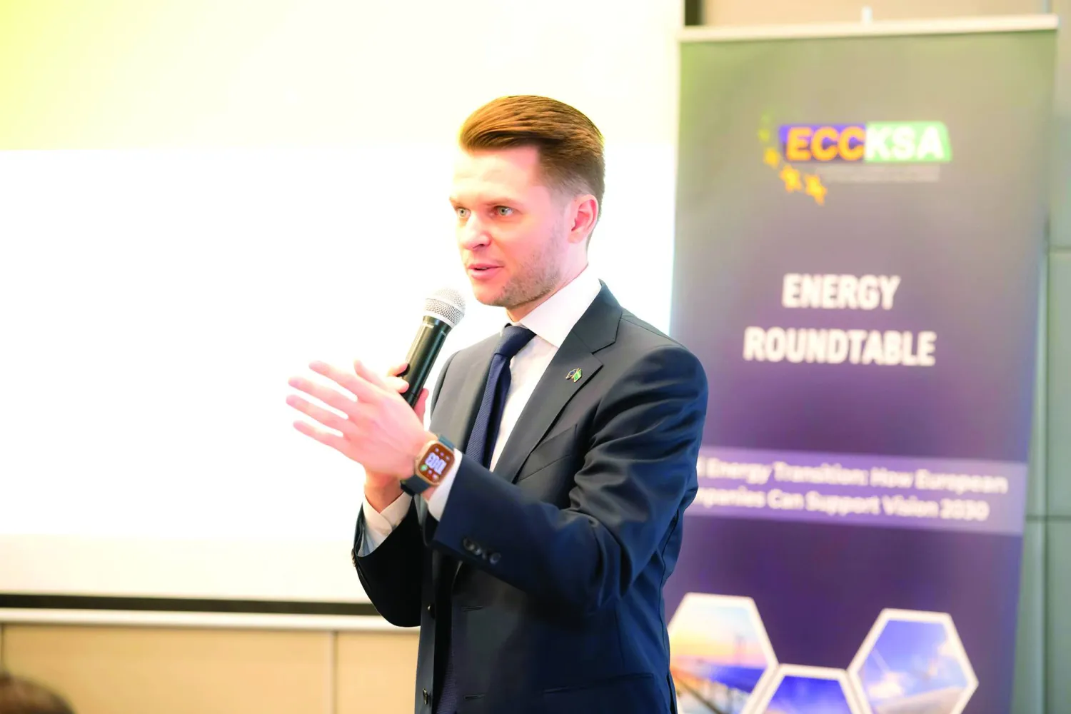 ECCKSA CEO Kristijonas Gedvilas at an event (Asharq Al-Awsat)