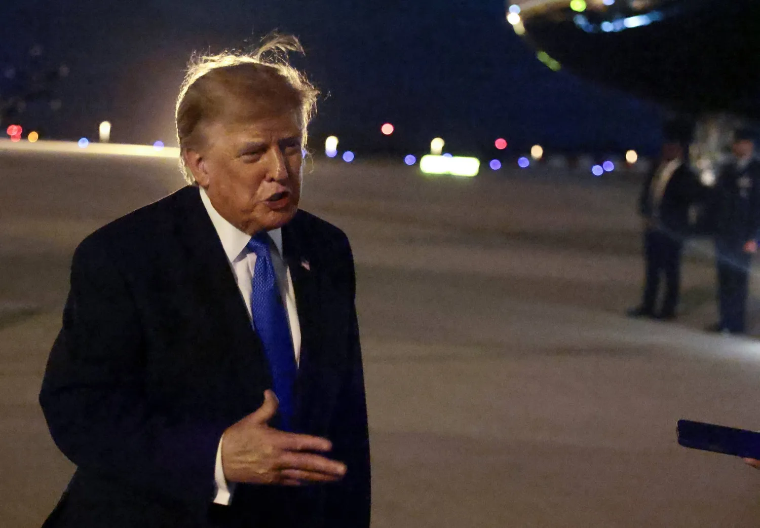  US President Donald Trump speaks to the media upon arrival at Los Angeles International Airport before departing Los Angeles for Las Vegas, Nevada, in Los Angeles, California, US, August 4, 2026. (Reuters)