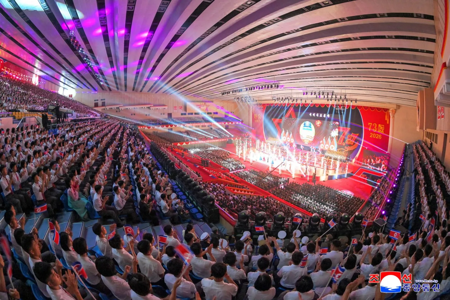 North Korean leader Kim Jong Un, accompanied by his daughter Kim Ju Ae and his wife Ri Sol Ju, attends an event marking the 73rd anniversary of the Korean War armistice, in Pyongyang, North Korea, July 27, 2026, in this photo released by North Korea's official Korean Central News Agency (KCNA) on July 28, 2026. KCNA via REUTERS    