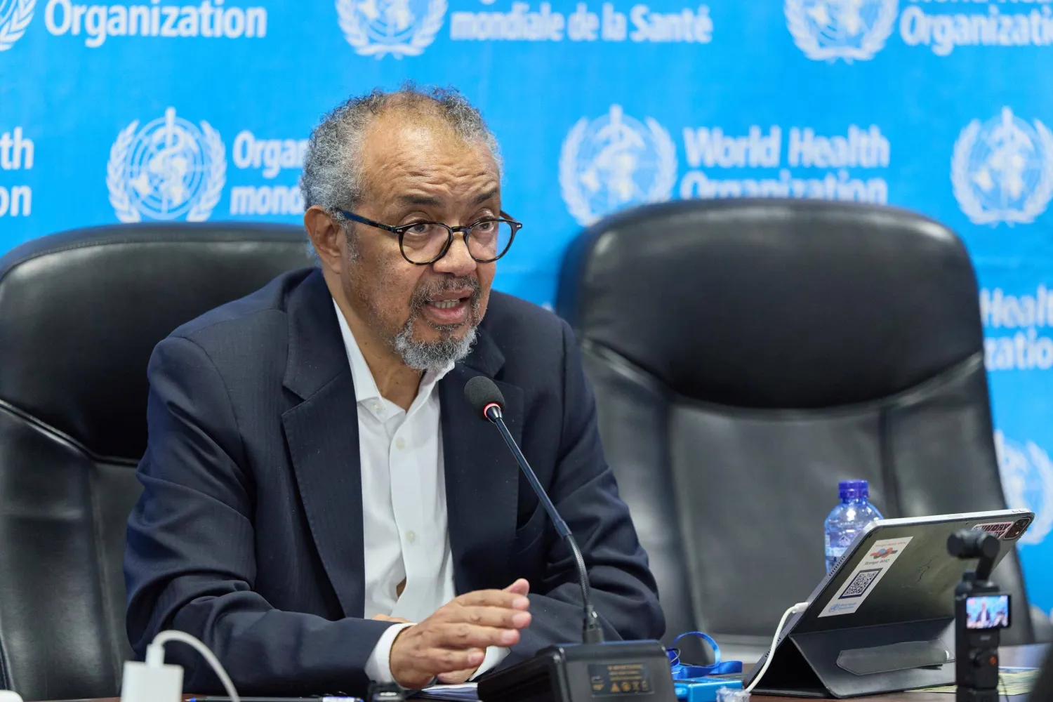 In this photo released by the World Health Organization (WHO), Tedros Adhanom Ghebreyesus, WHO Director General, speaks during a meeting with partners in Kinshasa, Congo, Wednesday, Aug 5, 2026. (World Health Organization Via AP)