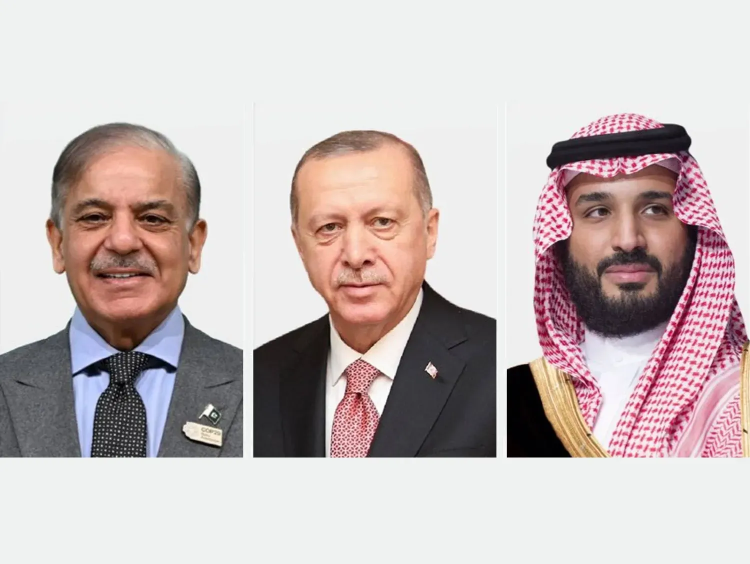 Suudi Arabistan Dışişleri Bakanlığı tarafından paylaşılan fotoğrafta, Suudi Arabistan Veliaht Prensi Muhammed bin Selman, Cumhurbaşkanı Recep Tayyip Erdoğan ve Pakistan Başbakanı Muhammed Şahbaz Şerif  (Suudi Arabistan Dışişleri Bakanlığı)