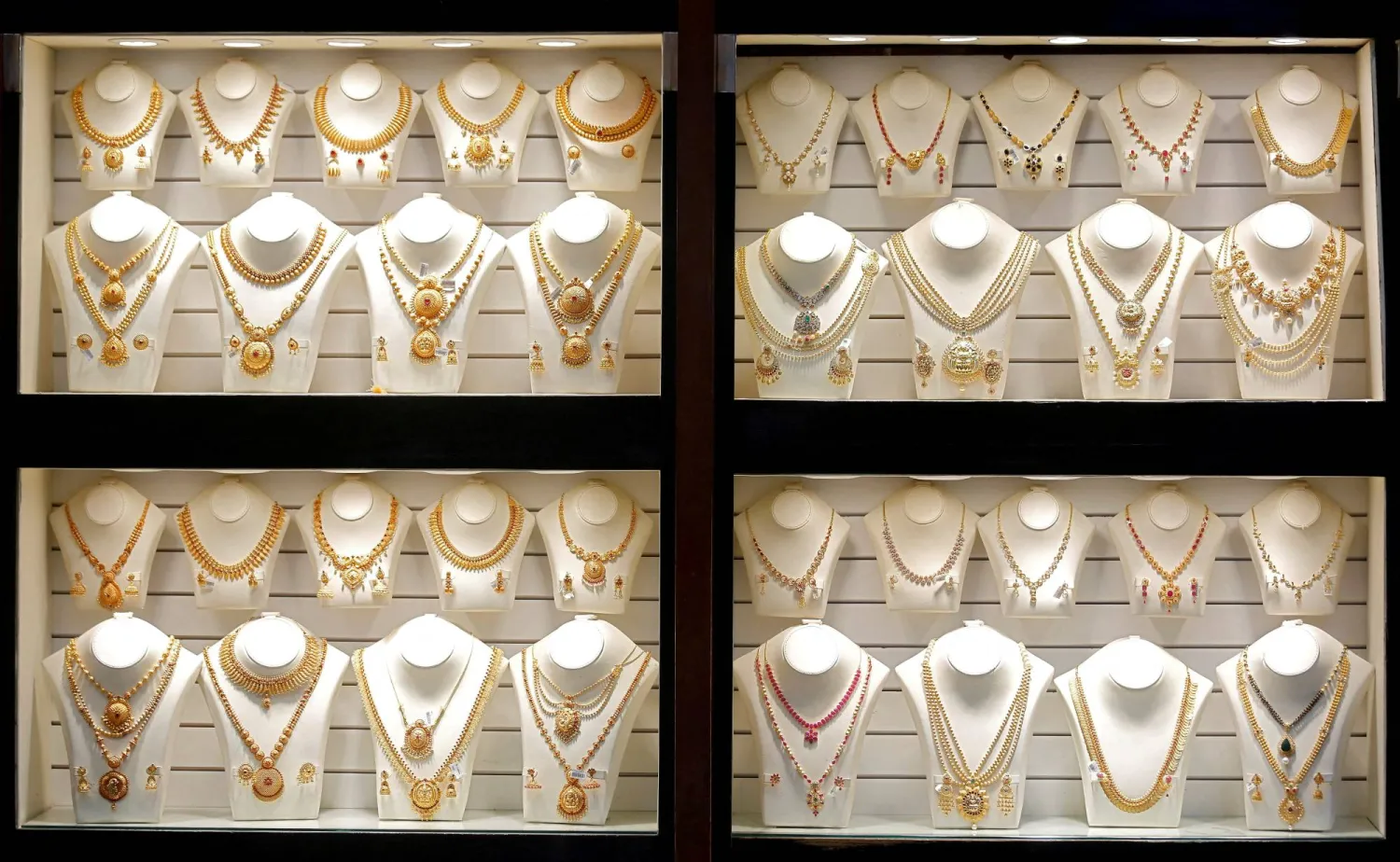 Gold necklaces are on display inside a jewellery showroom on the occasion of Akshaya Tritiya, a major gold buying festival, in Mumbai, India April 18, 2018. (Reuters)