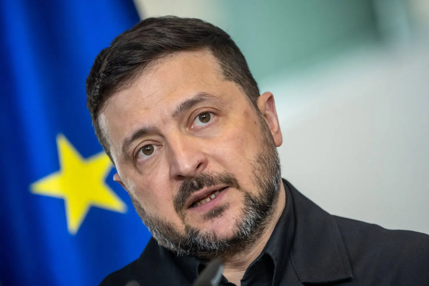 14 April 2026, Berlin: Ukrainian President Volodymyr Zelensky speaks during a press conference at the German-Ukrainian government consultations. (dpa)