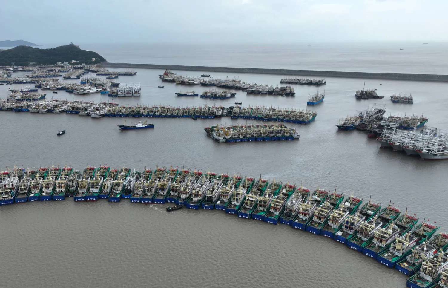 In this aerial photo released by Xinhua News Agency, fishing boats take shelter ahead of Typhoon Dolphin at a port in Wenling, east China's Zhejiang Province, Aug. 5, 2026. (Zhou Xuejun/Xinhua via AP) 