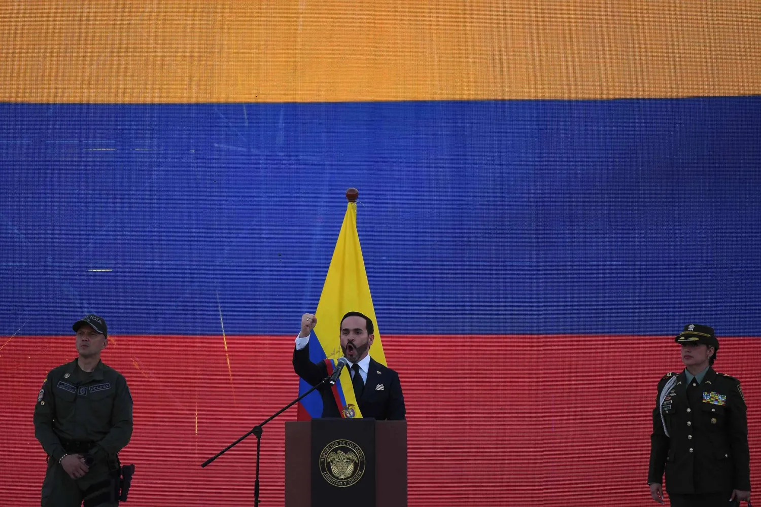 Colombia's new President Abelardo de la Espriella (C) delivers a speech at the Pichincha Battalion after swearing in, in Cali, Colombia, on August 7, 2026. (AFP)
