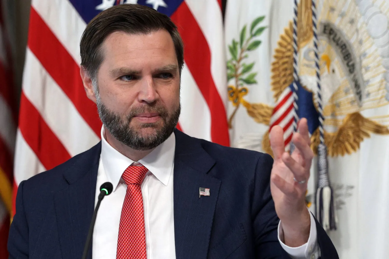 WASHINGTON, DC - AUGUST 05: US Vice President JD Vance speaks during a Congressional Roundtable on Anti-Fraud Initiatives at the Indian Treaty Room of Eisenhower Executive Office Building on August 5, 2026 in Washington, DC. Alex Wong/Getty Images/AFP 