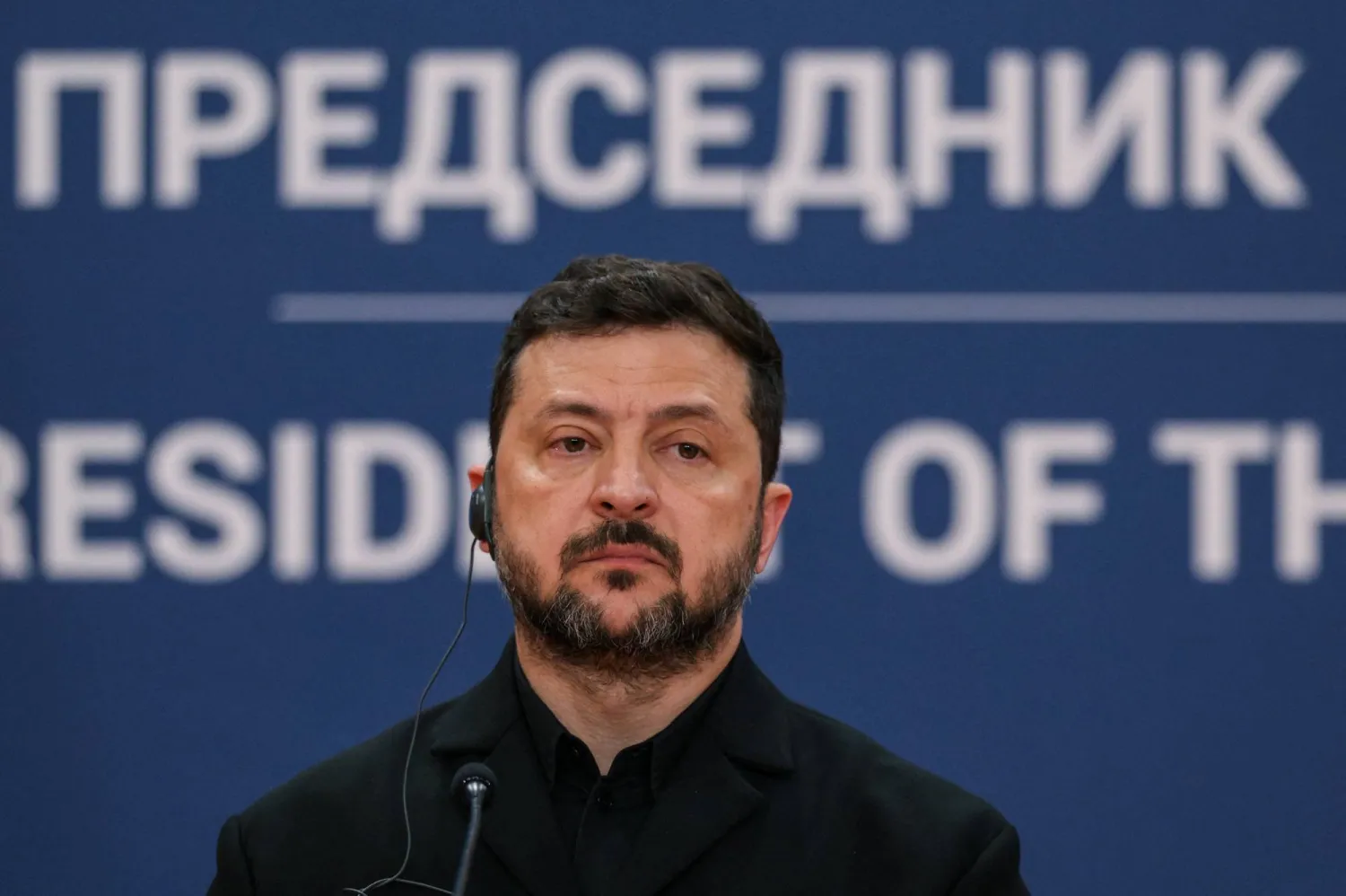 Ukrainian President Volodymyr Zelenskiy attends a press conference with Serbian President Aleksandar Vucic (not pictured) during his visit to Belgrade, Serbia, August 8, 2026. (Reuters) 
