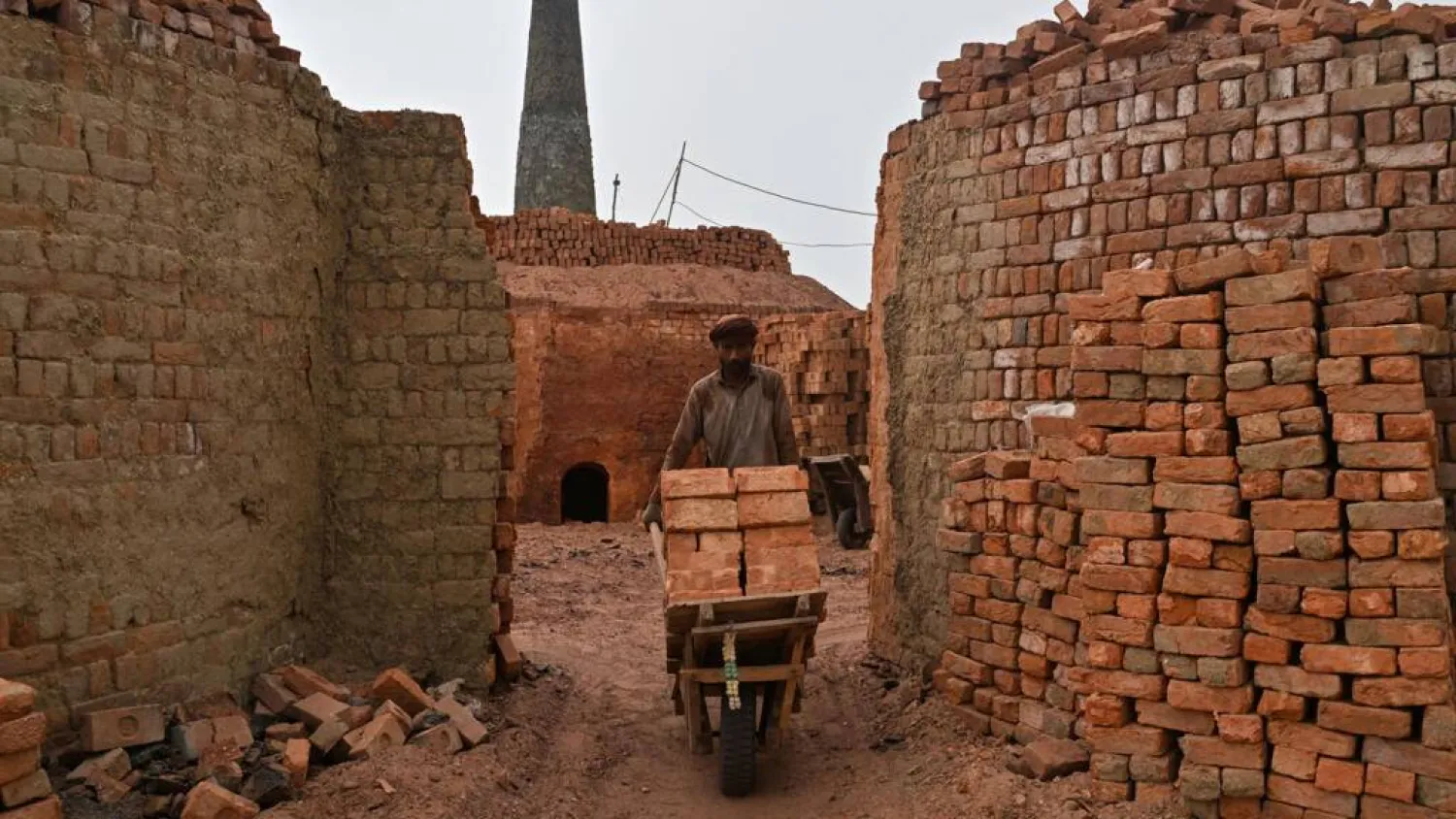 A worker pushes a wheelbarrow at a brick kiln in Sheikhupura, in Pakistan's Punjab province, on July 20, 2026. Arif ALI / AFP
