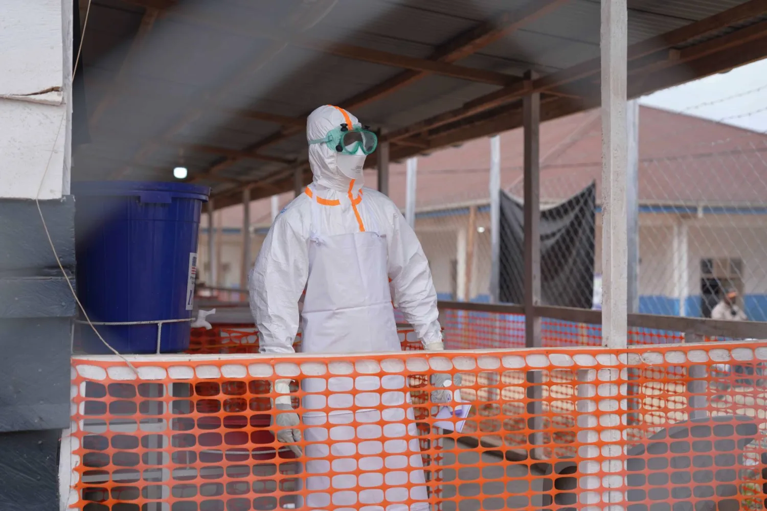 A health worker in protective gear looks on at an Ebola treatment center in Bunia, Congo, Monday, Aug. 10, 2026. (AP) 