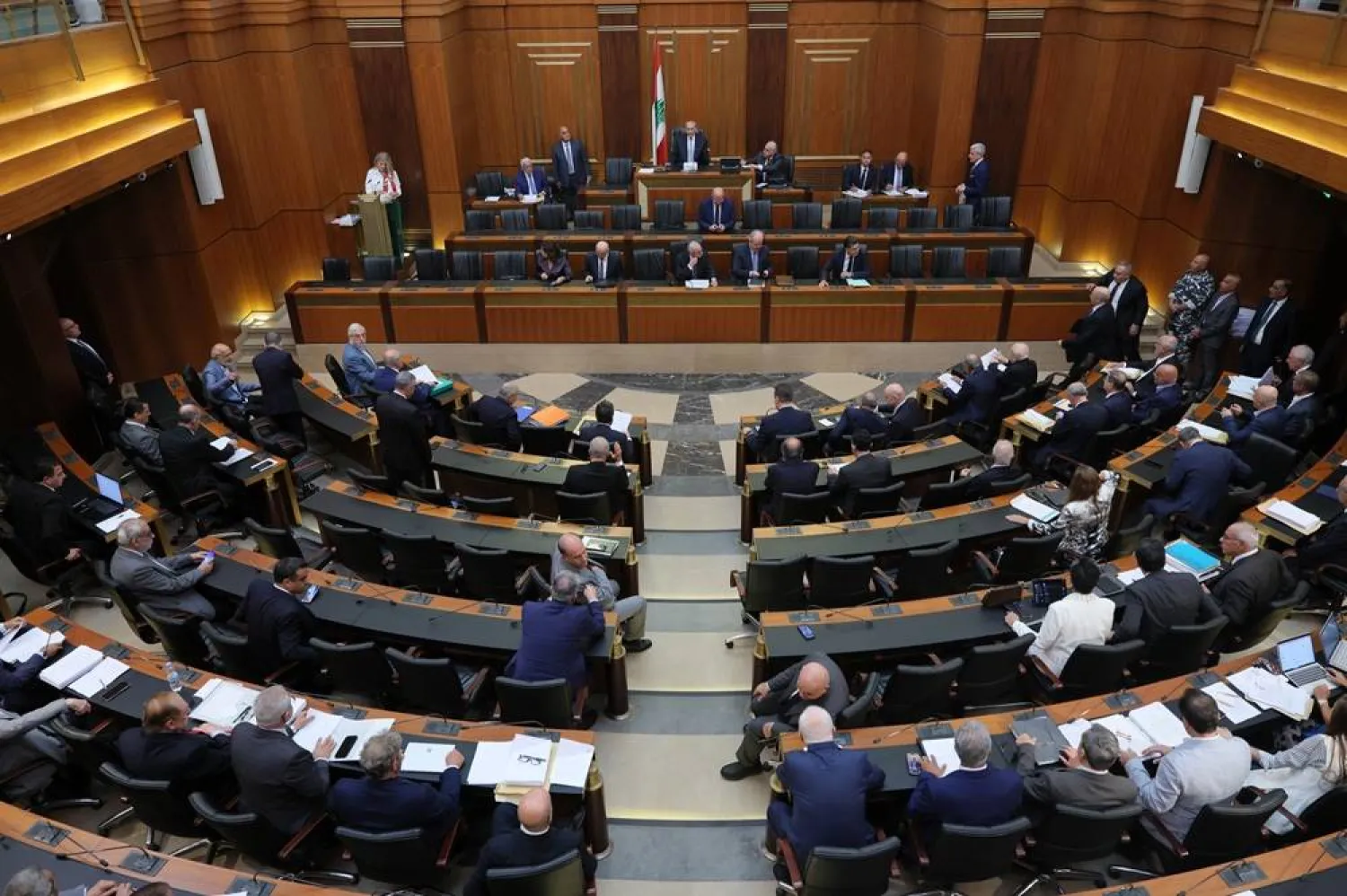 Lebanese lawmakers attend a parliamentary session to discuss a proposed general amnesty law, the abolition of the death penalty and the salaries of retired members of Lebanon’s security forces in Beirut, Lebanon, 11 August 2026. (EPA)
