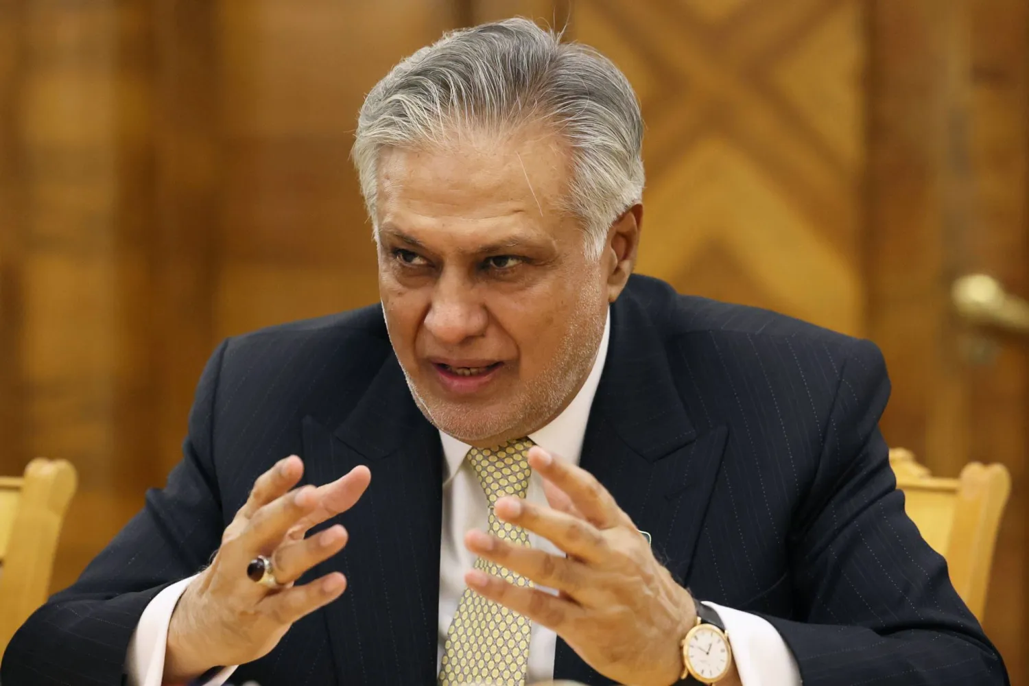 Pakistani Foreign Minister Mohammad Ishaq Dar speaks with Russian Foreign Minister Sergei Lavrov during their meeting at the Russian Foreign Ministry headquarters in Moscow, Russia, Nov. 18, 2025. (Shamil Zhumatov/Pool Photo via AP, File) 