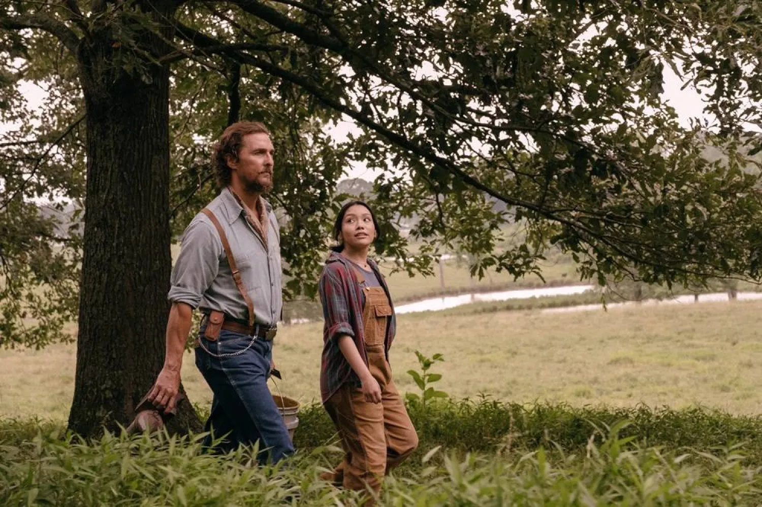  This image released by Black Bear shows Matthew McConaughey, left, and Angelina LookingGlass in a scene from "The Rivals of the Amziah King." (Kyle Kaplan/Black Bear via AP) 