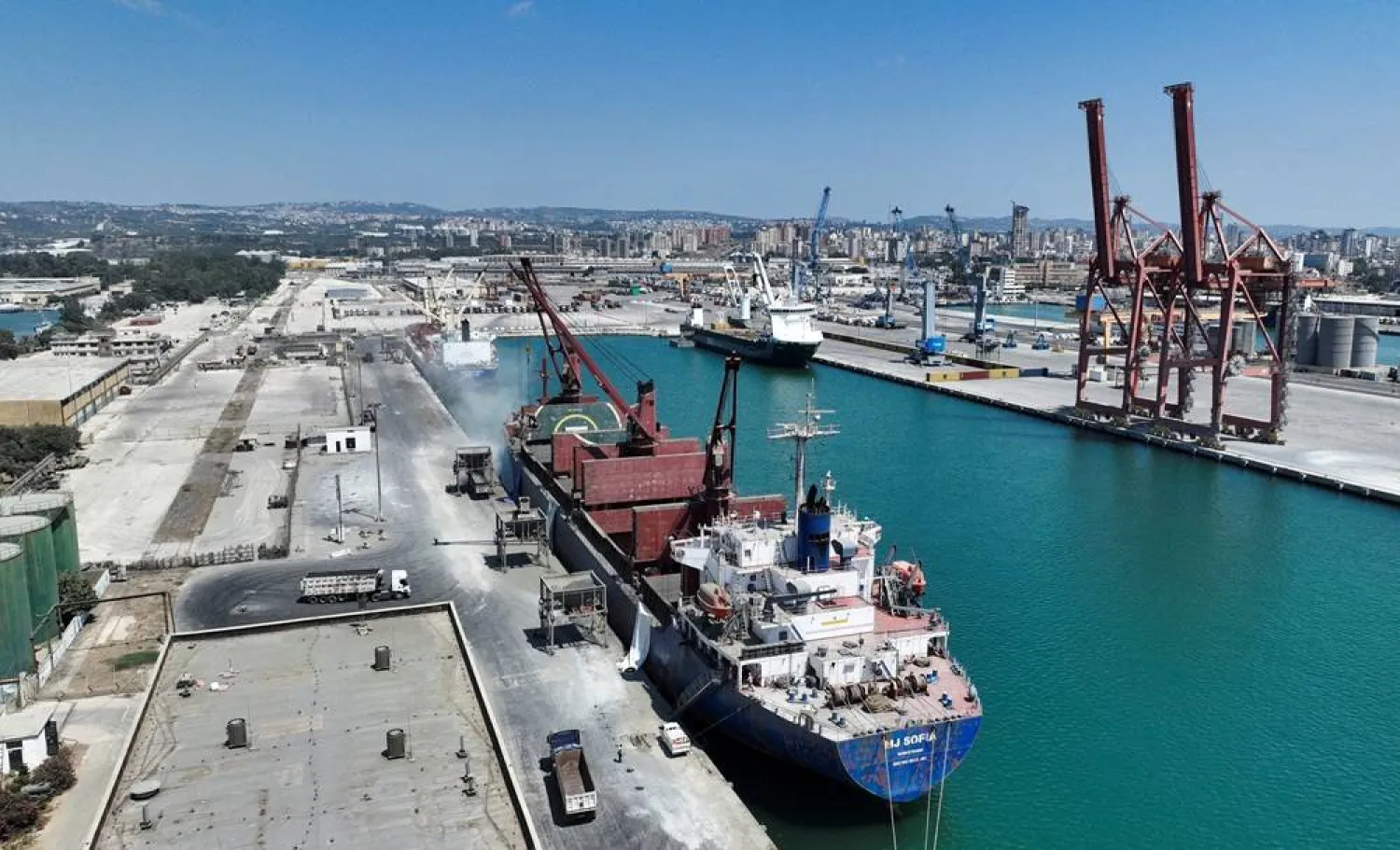 A drone view shows a vessel at Berth NO. 4, which was handed over by Russian forces to the Syrian government, at the port of Tartus in Tartus, Syria, August 12, 2026. (Reuters) 