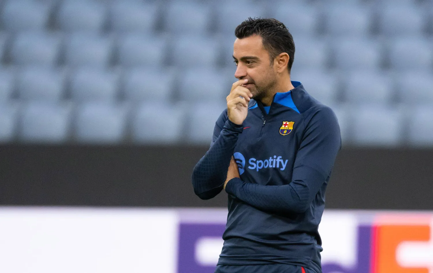 12 September 2022, Bavaria, Munich: Barcelona coach Xavi Hernandez leads a training session at Allianz Arena ahead of the UEFA Champions League group C soccer match against Bayern Munich. (dpa)