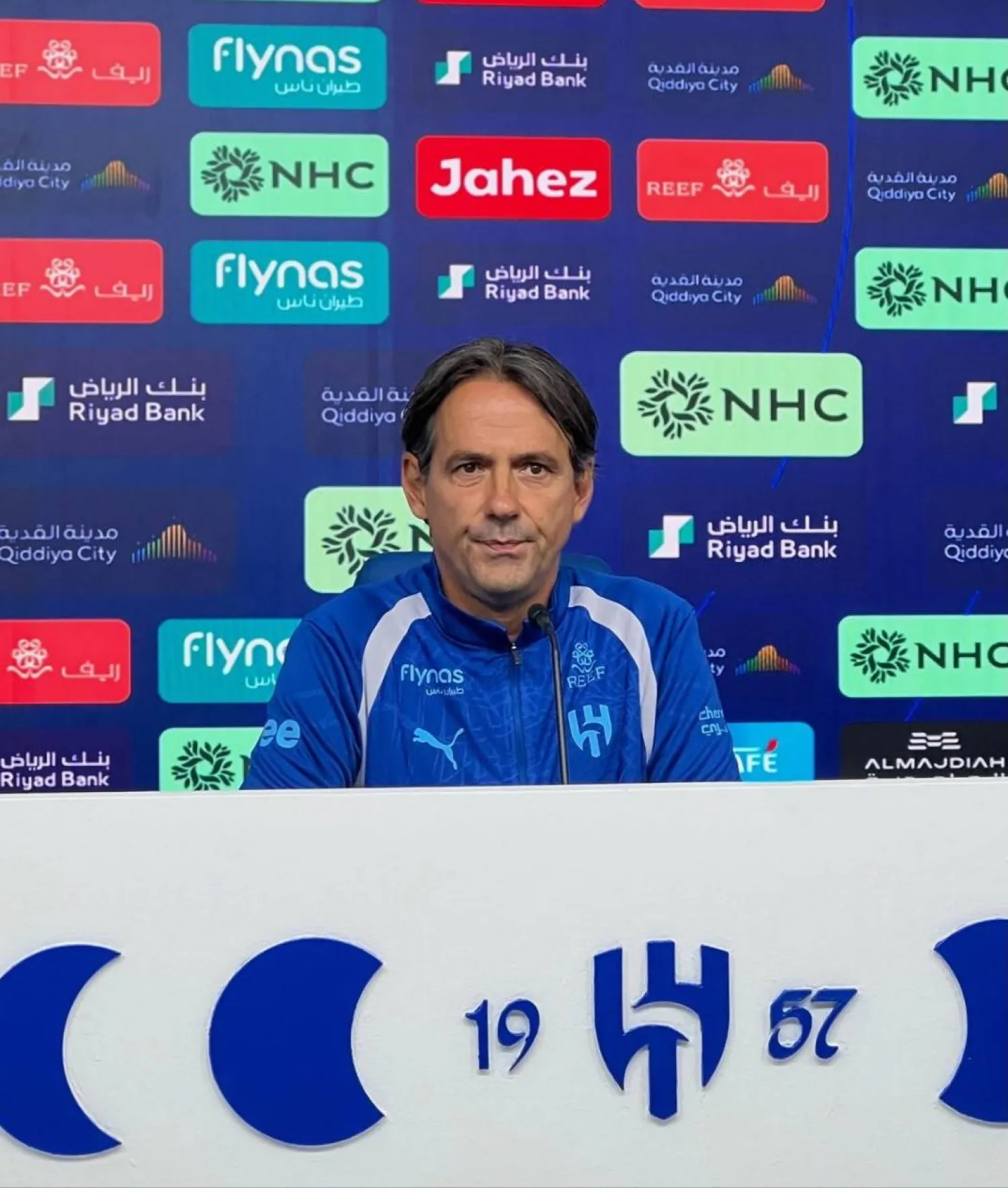 الإيطالي سيموني إنزاغي مدرب فريق الهلال خلال المؤتمر الصحافي (الشرق الأوسط)