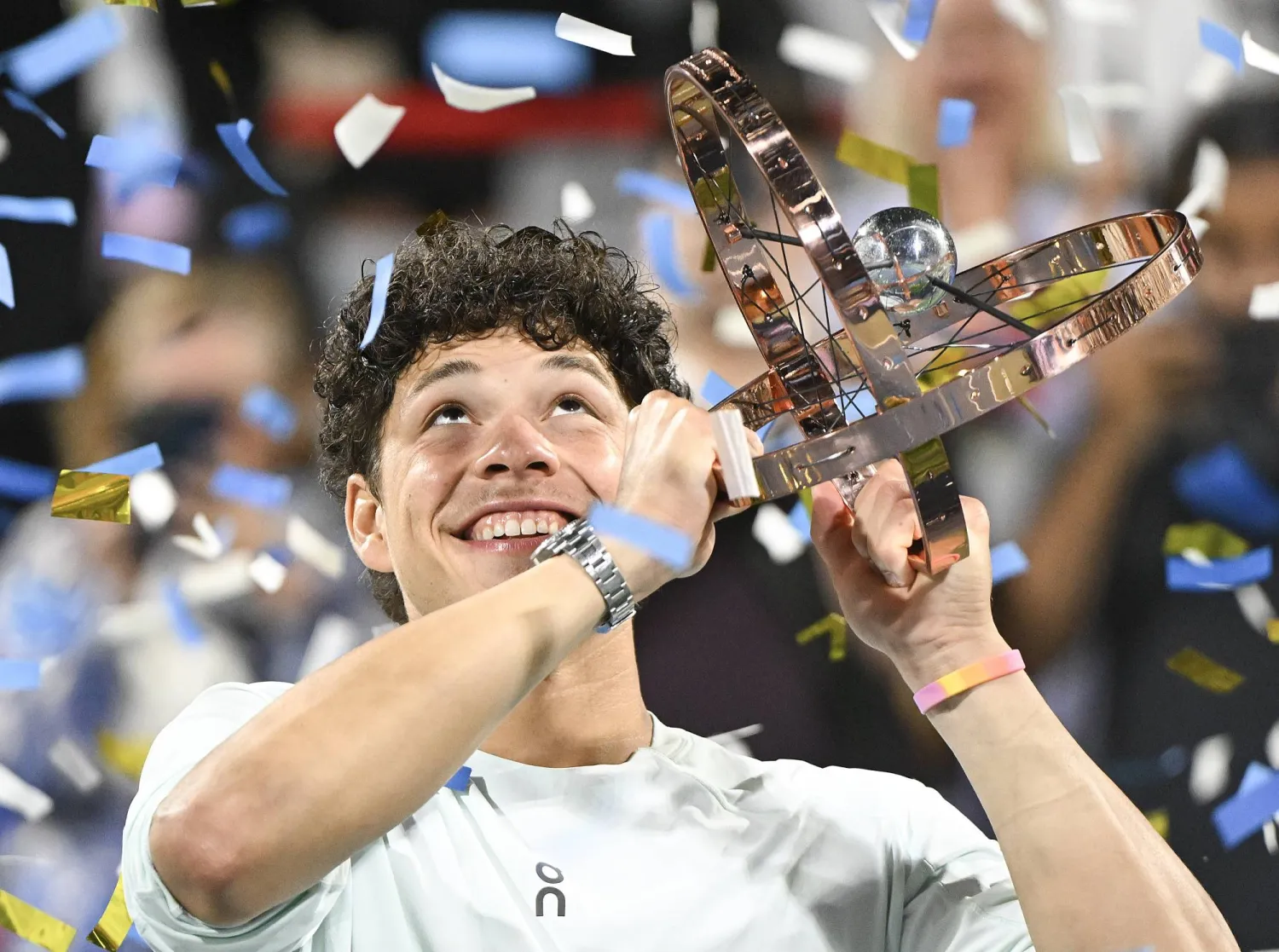 Ben Shelton of the United States holds the trophy after winning the ATP Masters 1000 Canada final in Montreal, Canada, 13 August 2026. EPA/GRAHAM HUGHES