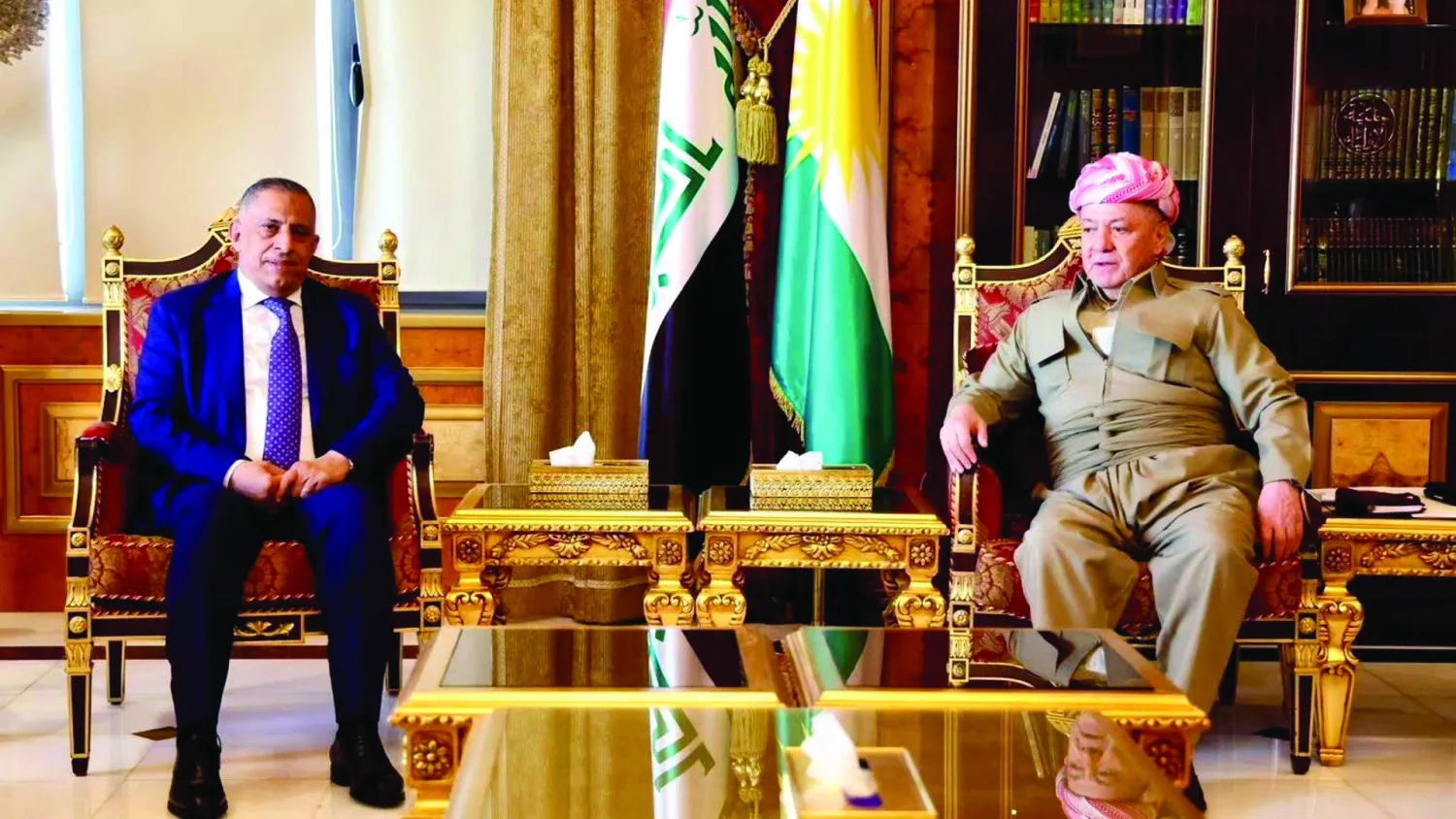 Kurdistan Democratic Party leader Masoud Barzani receives National Security Adviser Qasim Al-Aboudi in Erbil on August 15, 2026 (government media).