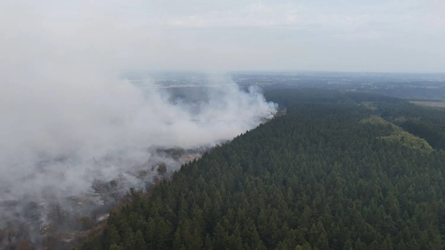 This aerial photograph shows a wildfire burning in the Hautes Fagnes (High Fens) nature reserve in Waimes on August 15, 2026. (AFP)