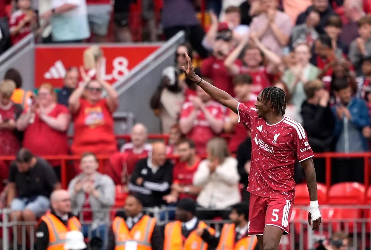 16 August 2026, United Kingdom, Liverpool: Liverpool's Jeremy Jacquet celebrates scoring his side's second goal during the pre-season friendly match between Liverpool and Como at Anfield. (dpa)