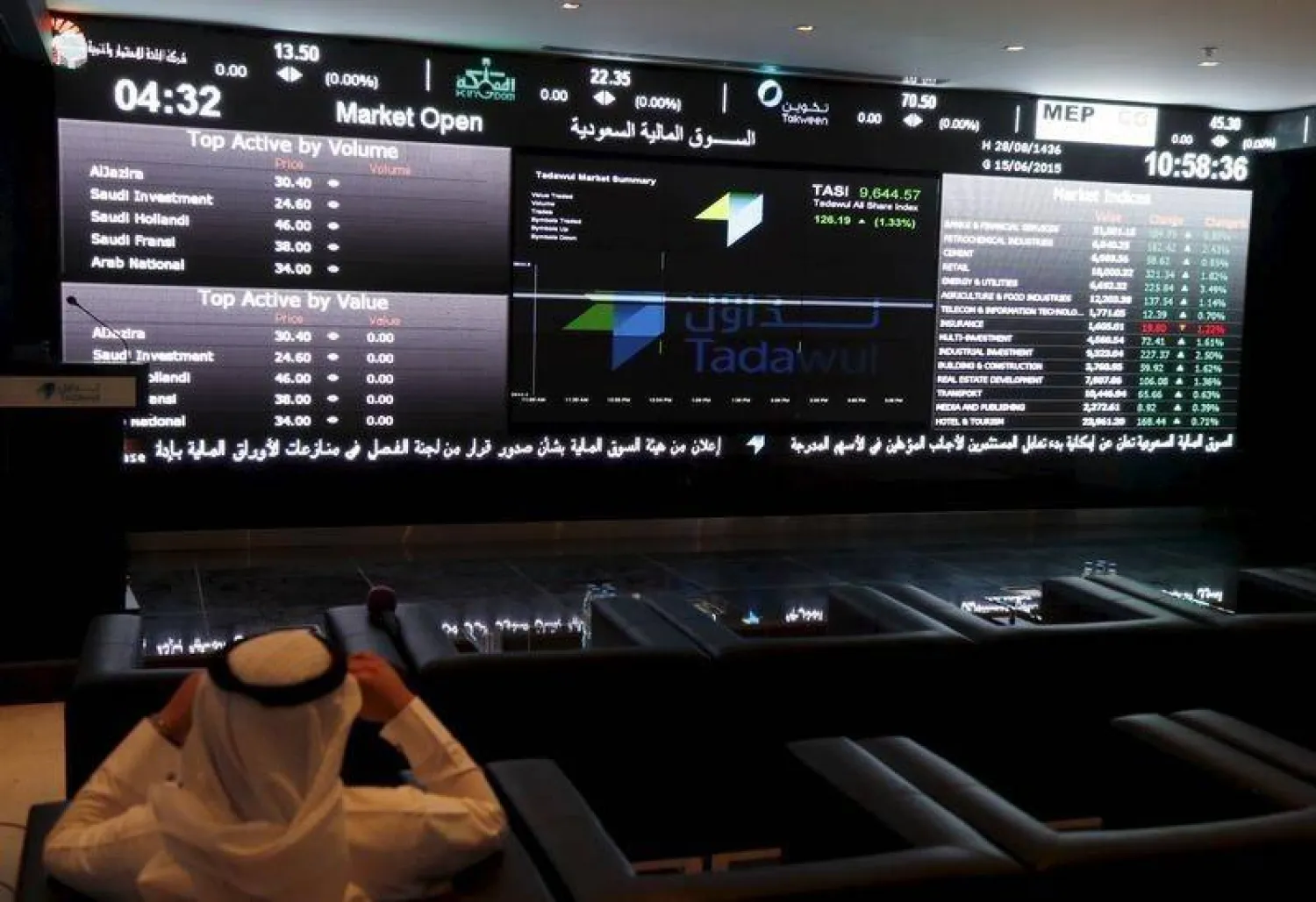 مستثمر يتابع شاشات التداول في «السوق السعودية» (رويترز)