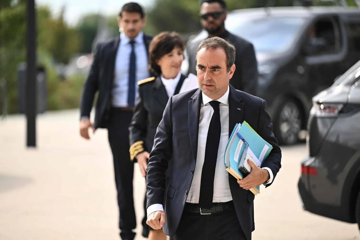 France's Prime Minister Sebastien Lecornu arrives for a meeting with officials at Technowest in Merignac, on the outskirts of Bordeaux, south-western France on August 17, 2026 following the giant wildfire. (AFP)