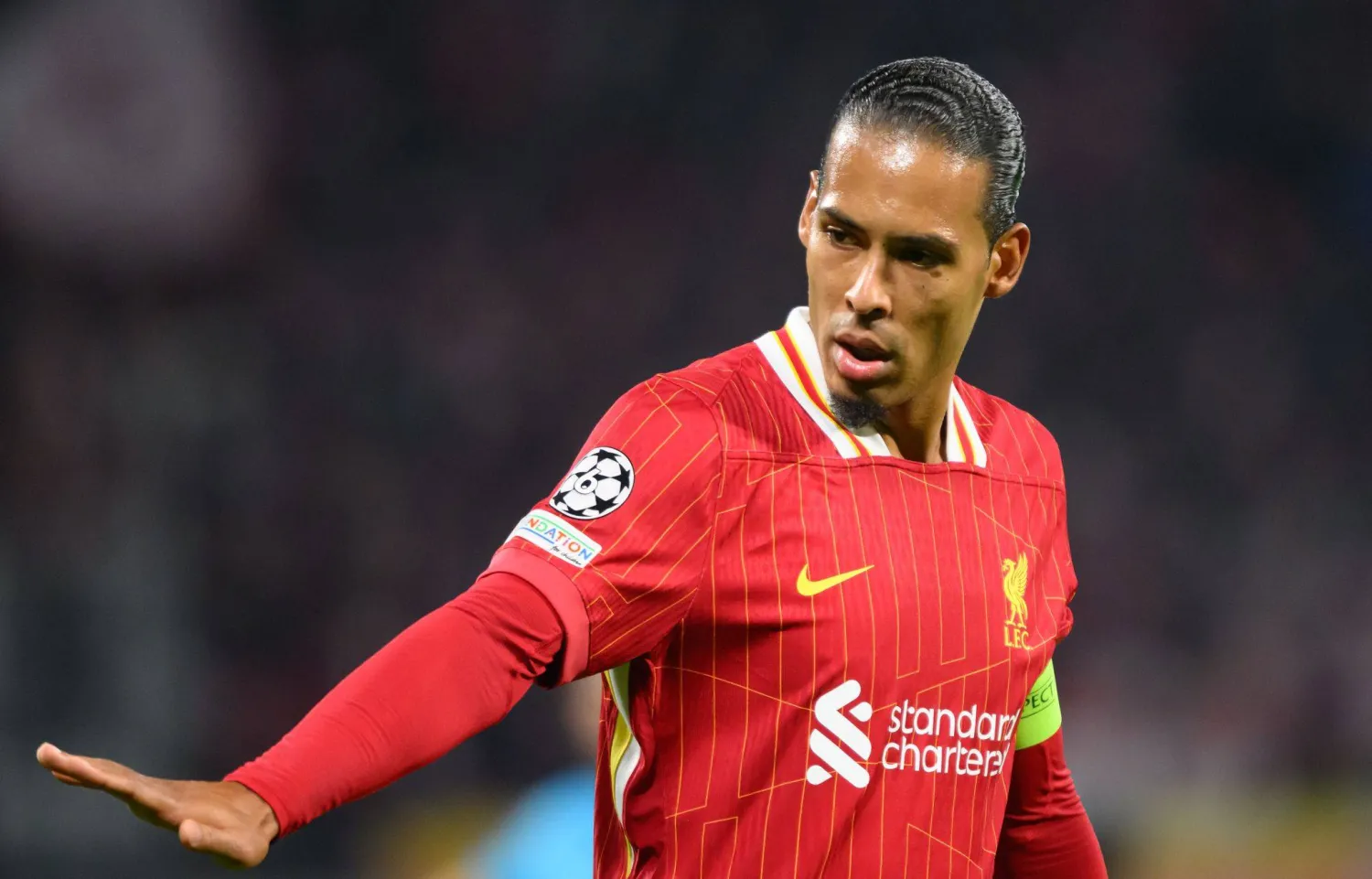 23 October 2024, Saxony, Leipzig: Liverpool's Virgil van Dijk gesticulates during UEFA Champions League soccer match between RB Leipzig and Liverpool FC at Red Bull Arena. (dpa)