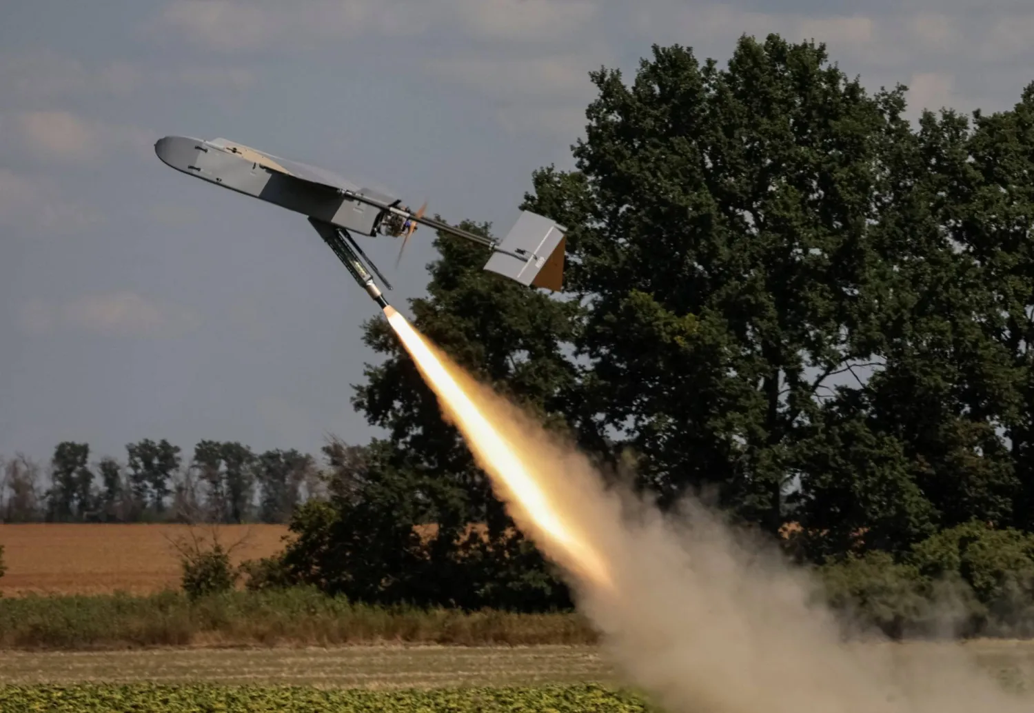  An FP-2 middle strike drone flies after being launched by Servicemen of the 20th Separate K-2 Unmanned Systems Brigade of the Unmanned Systems Forces, amid Russia's attack on Ukraine, in Kharkiv region, Ukraine August 16, 2026. (Reuters)