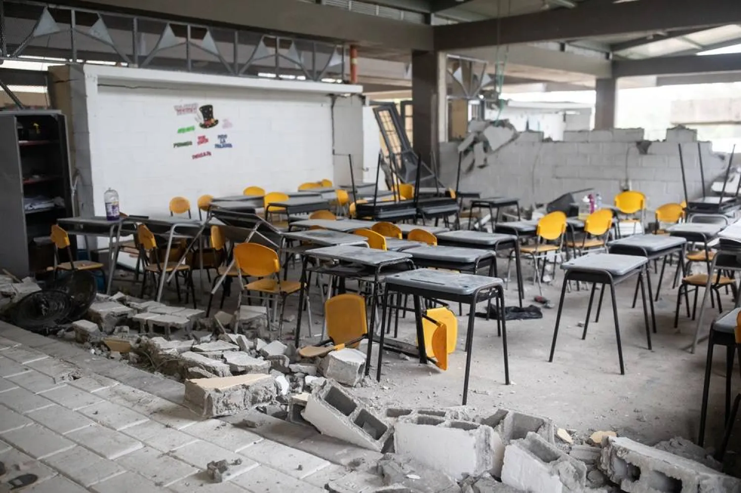 A view of the damage to the Carrasquilla Industrial Educational Institution, as seen during a visit by singer Shakira, in Quibdo, Colombia, 17 August 2026. (EPA)