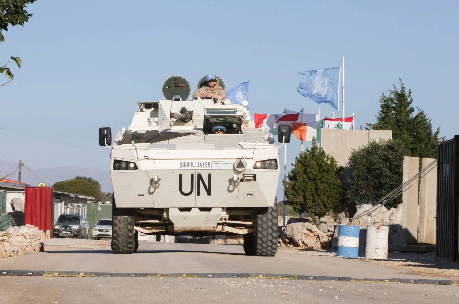 A UN vehicle drives, during a Reuters' visit at Camp Shamrock where Irish and Polish peacekeepers of the United Nations Interim Force in Lebanon (UNIFIL) are stationed near Maroun al-Ras village close to the Lebanese-Israeli border, in southern Lebanon November 29, 2023. (Reuters)