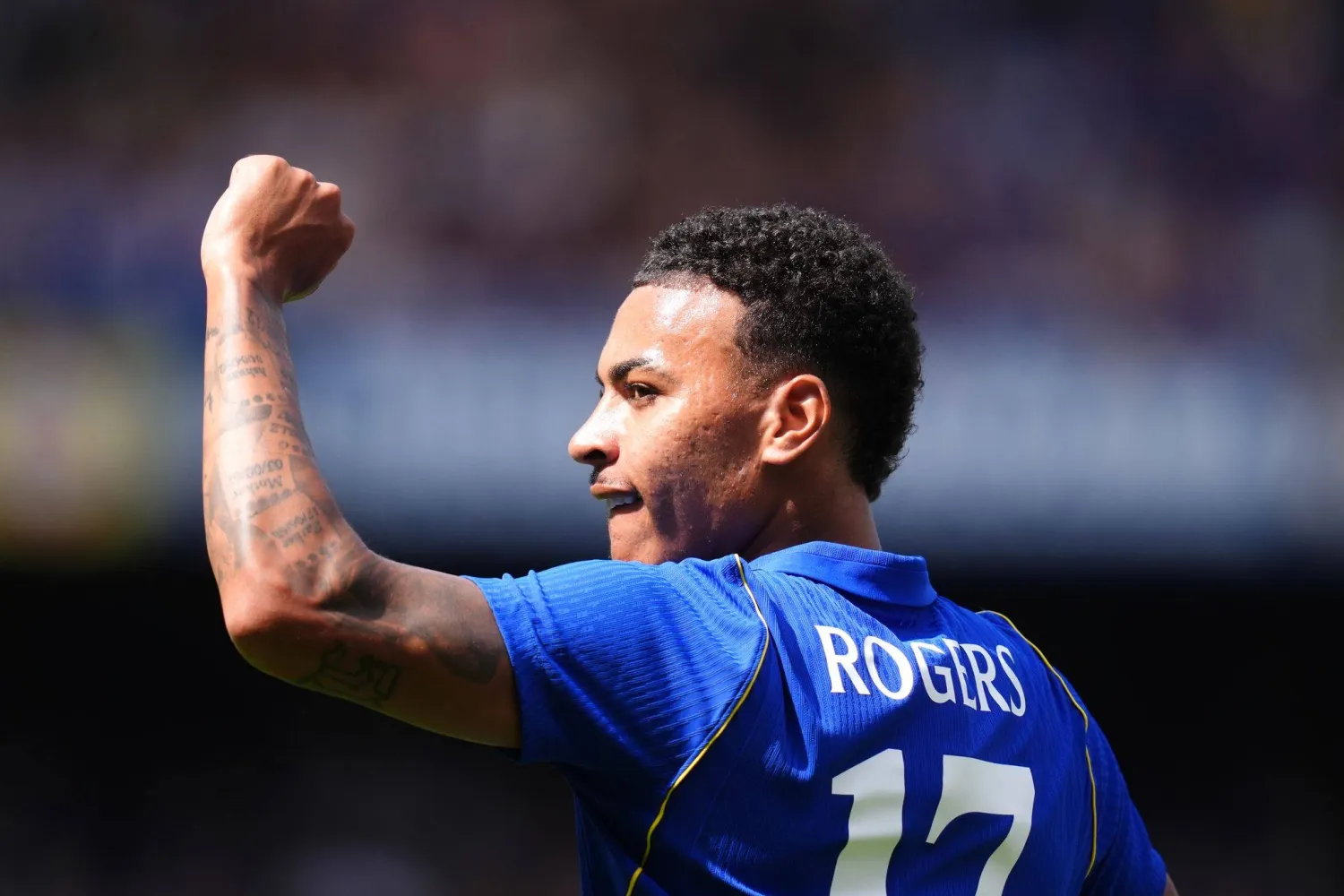 15 August 2026, United Kingdom, London: Chelsea's Morgan Rogers celebrates scoring his side's first goal during the pre-season friendly soccer match between Chelsea and Real Sociedad at Stamford Bridge. (dpa)