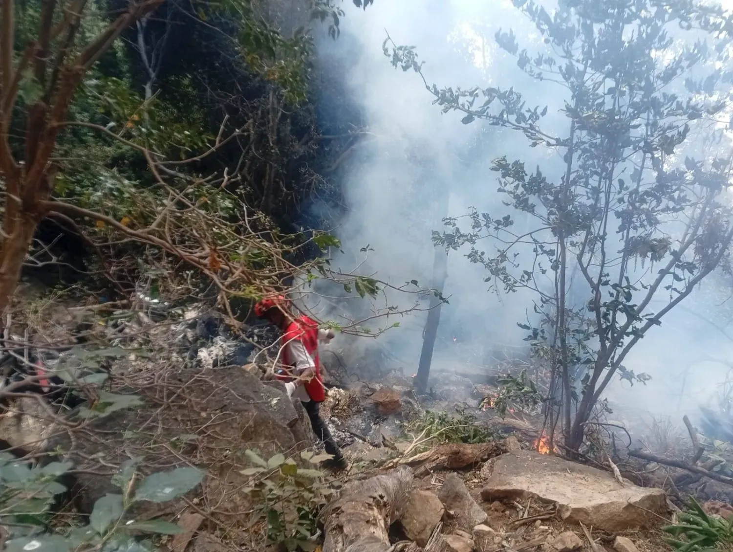 Kenya Kızılhaçı tarafından yayınlanan fotoğrafta, helikopter kazası bölgesinin yakınında çalışan acil müdahale ekibinin bir üyesi görülüyor (EPA)