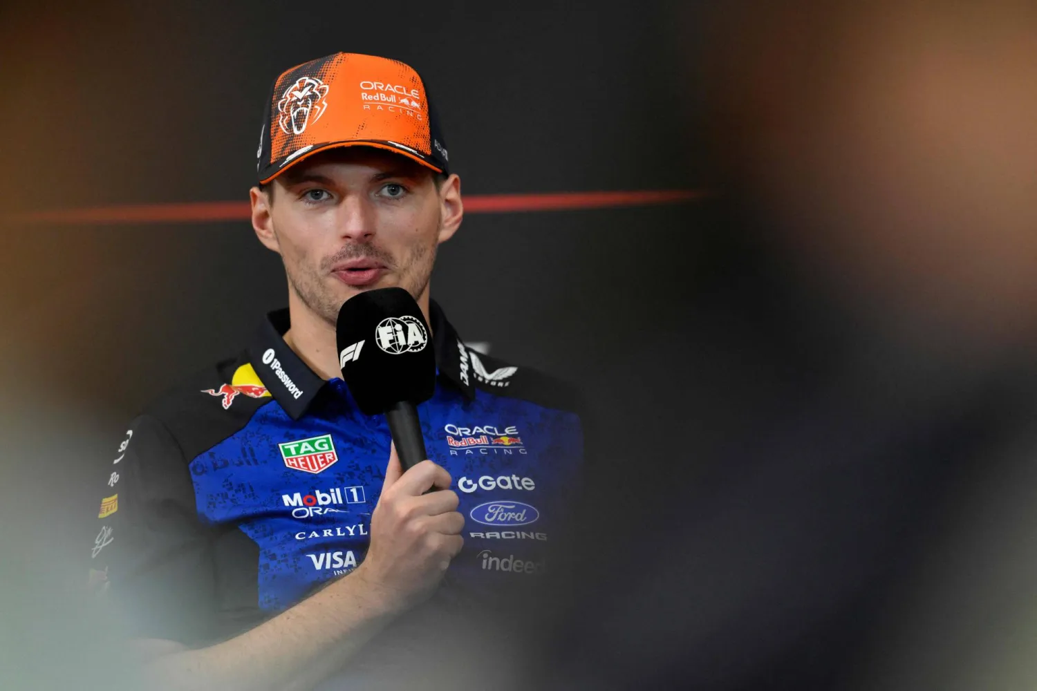 (FILES) Red Bull Racing's Dutch driver Max Verstappen speaks during a press conference at the Spa-Francorchamps circuit, three days ahead of the Belgian Formula 1 Grand Prix, on July 16, 2026. (Photo by JOHN THYS / AFP)