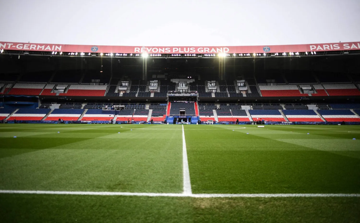 (FILES) A picture shows the empty stands and pitch before the French Cup round of 16 football match between Paris Saint-Germain (PSG) and Lille (LOSC) at the Parc des Princes stadium in Paris, on March 17, 2021. (Photo by FRANCK FIFE / AFP)