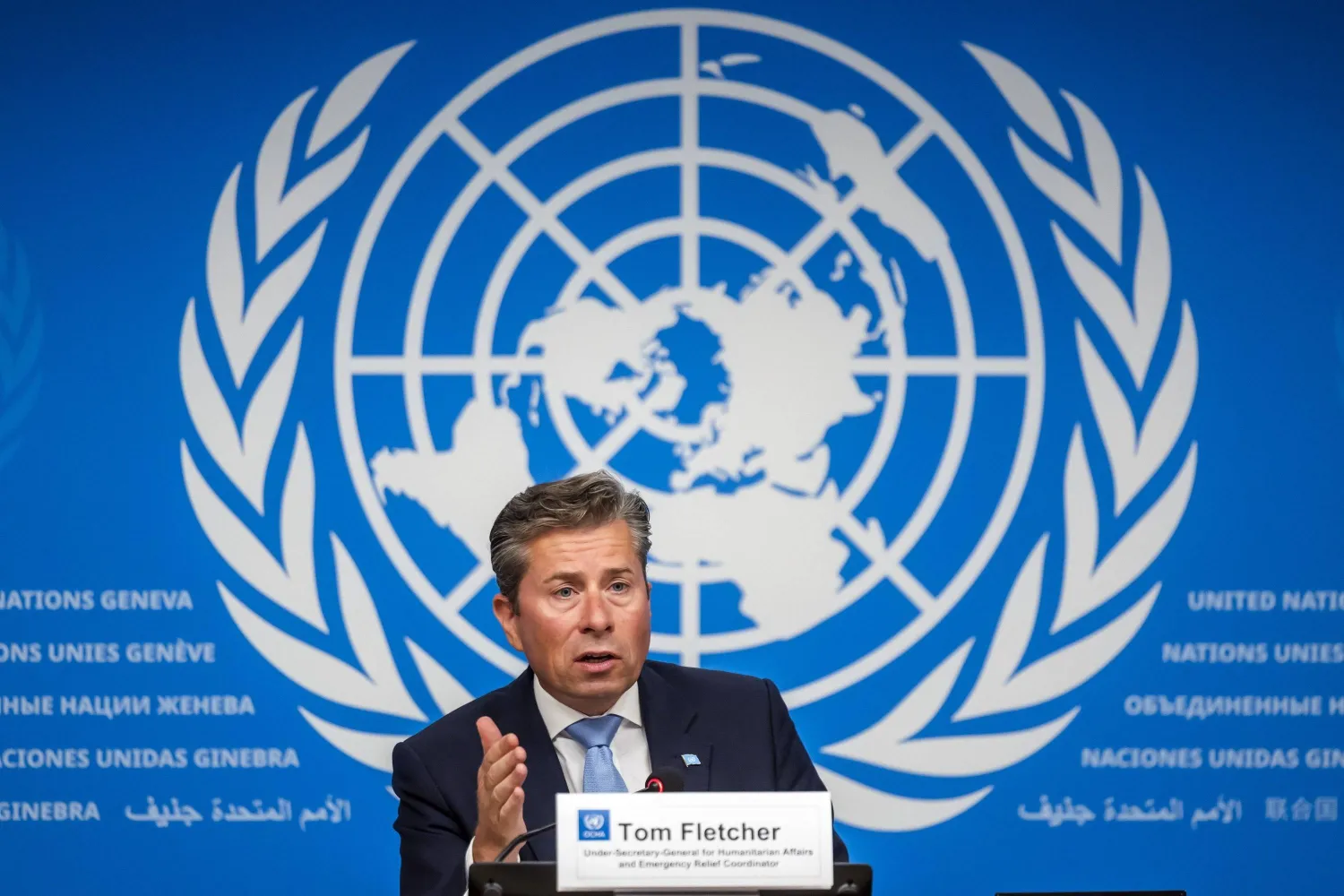 UN Under-Secretary-General for Humanitarian Affairs and Emergency Relief Coordinator Tom Fletcher briefs the media about the humanitarian crisis in the Gaza Strip during a press conference at the European headquarters of the United Nations (UNOG), Geneva, Switzerland, Aug. 22, 2025. (EPA) 
