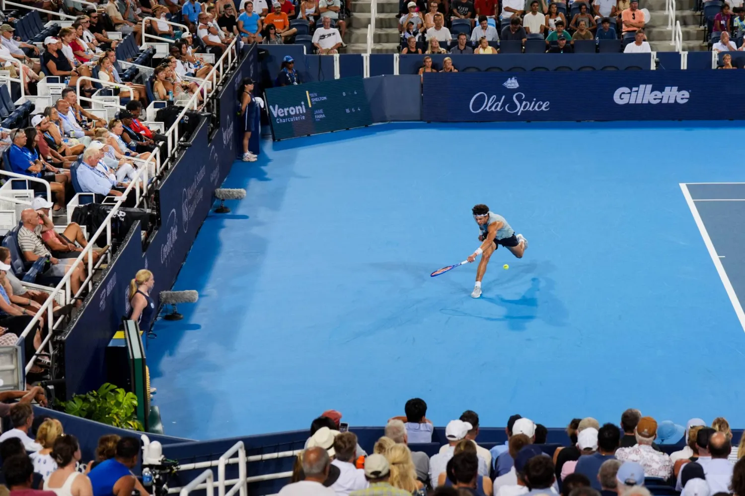 Aug 16, 2026; Mason, OH, USA;  Ben Shelton (USA) reaches but is unable to return a shot against Jamie Faria (POR) during the Cincinnati Open at Lindner Family Tennis Center. Mandatory Credit: Aaron Doster-Imagn Images