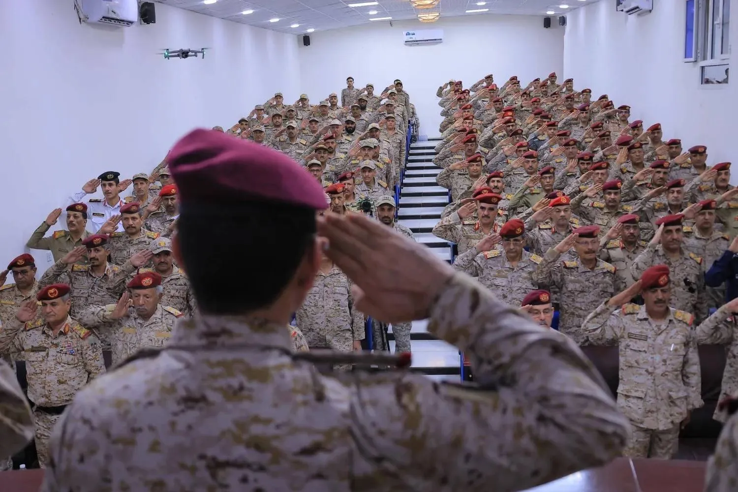 Yemeni Defense Minister Lt. Gen. Taher al-Aqili during a meeting with military commanders in Marib. (SABA) 