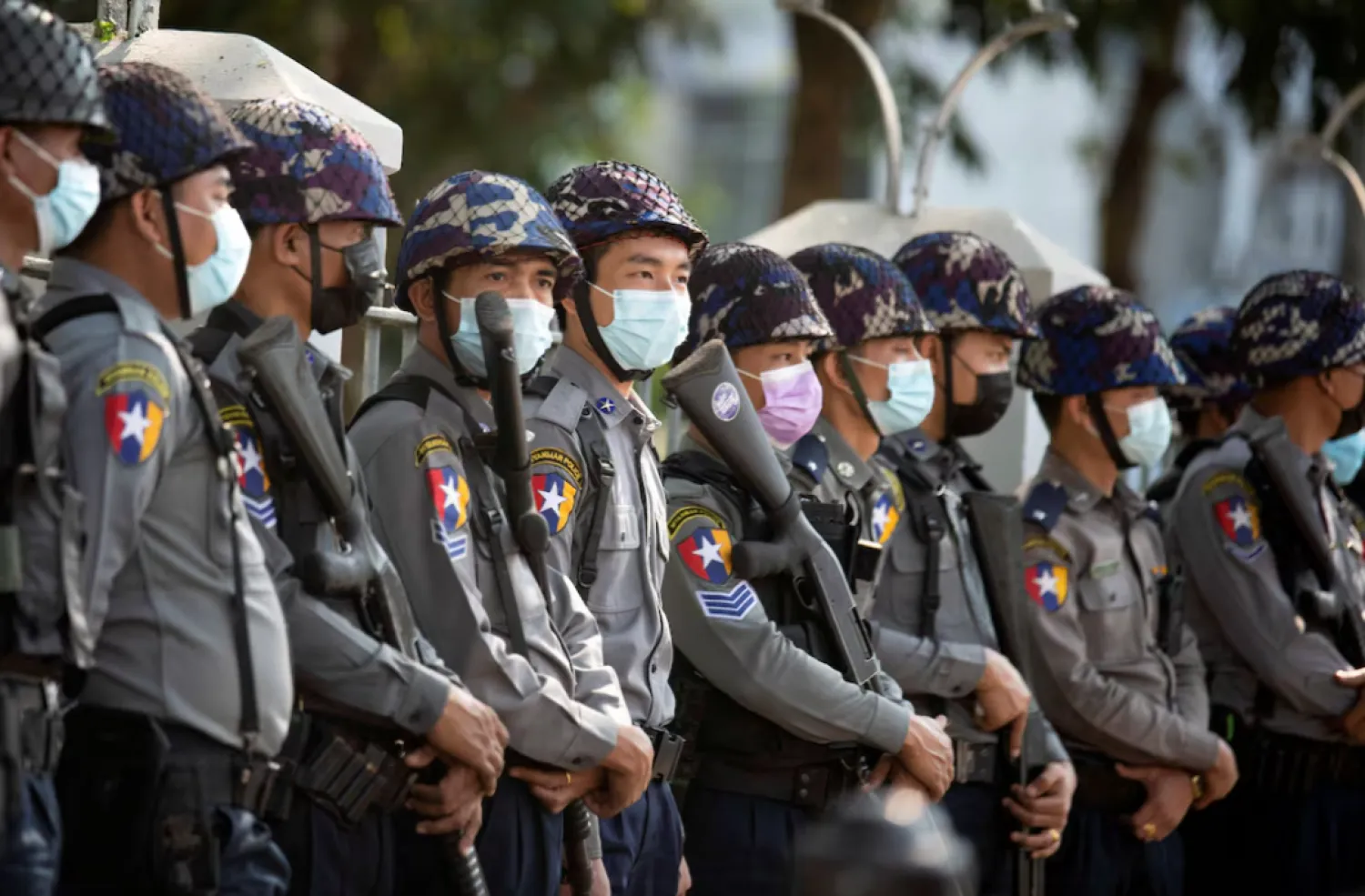 Police stand guard as they wait for protests against coup in Yangon, Myanmar February 4, 2021. REUTERS/Stringer 