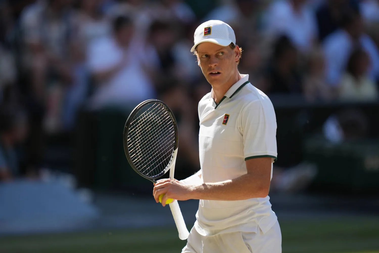 Jannik Sinner, of Italy, celebrates a point against Alexander Zverev, of Germany, in the men's singles final at Wimbledon Tennis Championships in London, July 12, 2026. (AP)