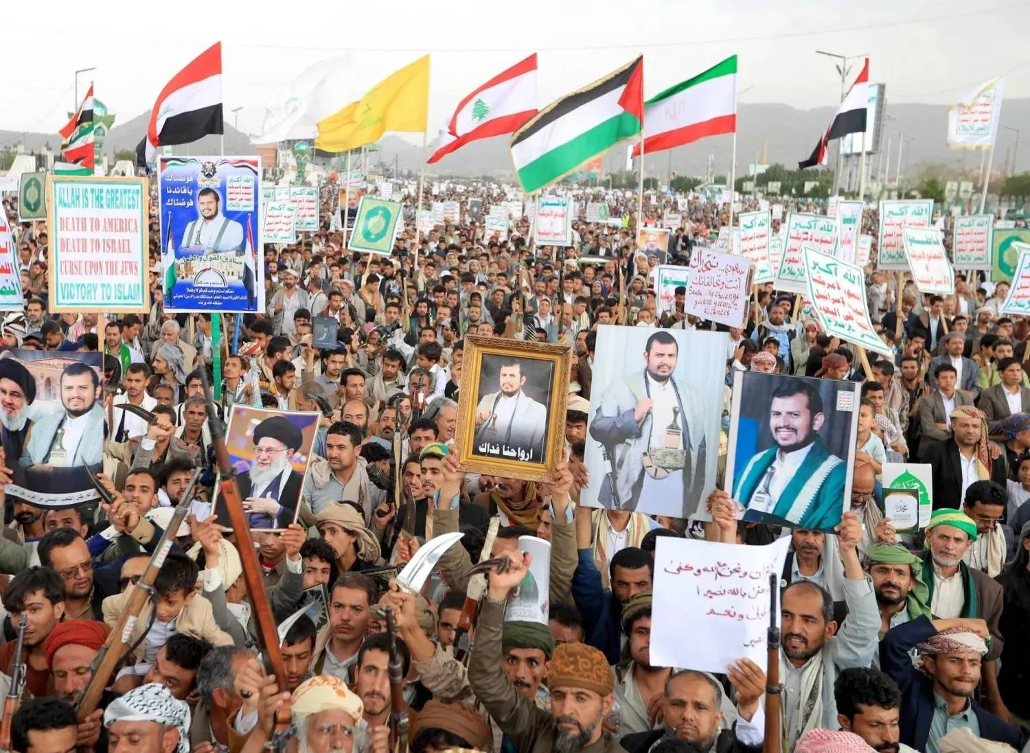  A Houthi rally in Sanaa called by the group’s leader in support of land and maritime attacks (AFP) 