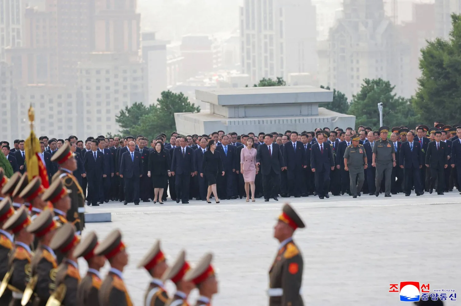 North Korean leader Kim Jong Un, accompanied by his daughter Kim Ju Ae and his wife Ri Sol Ju, visits the Revolutionary Martyrs Cemetery on National Liberation Day, in Pyongyang, North Korea, August 14, 2026, in this photo released by North Korea's official Korean Central News Agency (KCNA) on August 15, 2026. (KCNA via Reuters)