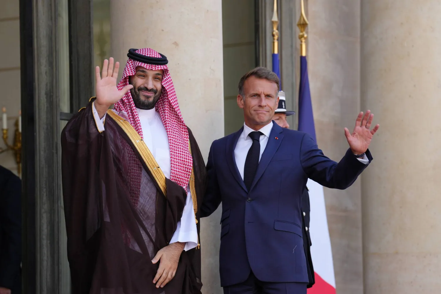 France's President Emmanuel Macron, right, greets Saudi Crown Prince Mohammed bin Salman before a meeting at the Elysee Palace in Paris, France, Monday Aug. 24, 2026. (AP Photo/Aurelien Morissard)