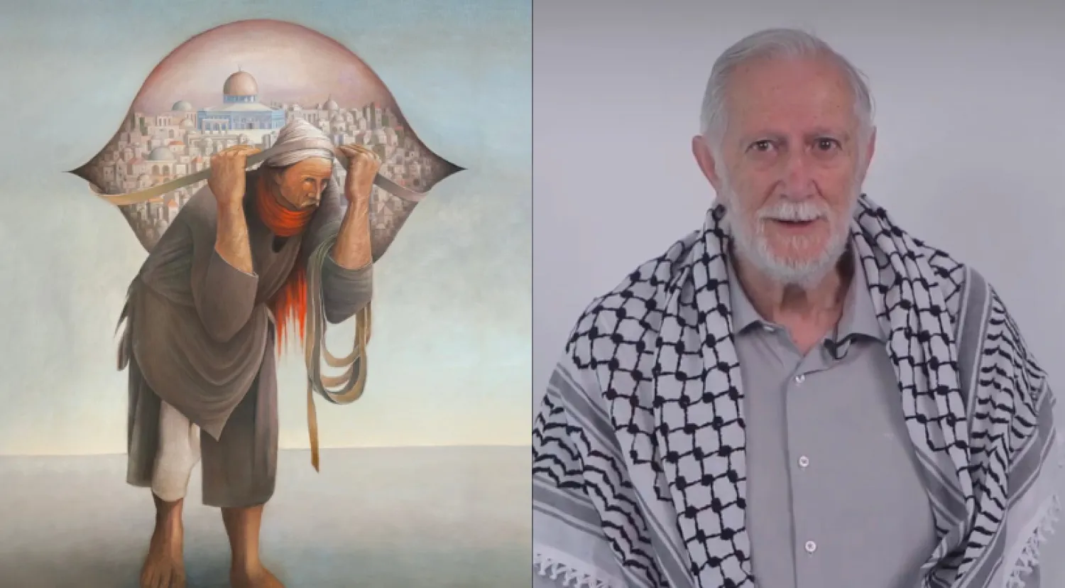 الفنان الفلسطيني سليمان منصور وأكثر لوحاته انتشاراً «جمل المحامل» (إنستغرام الفنان)