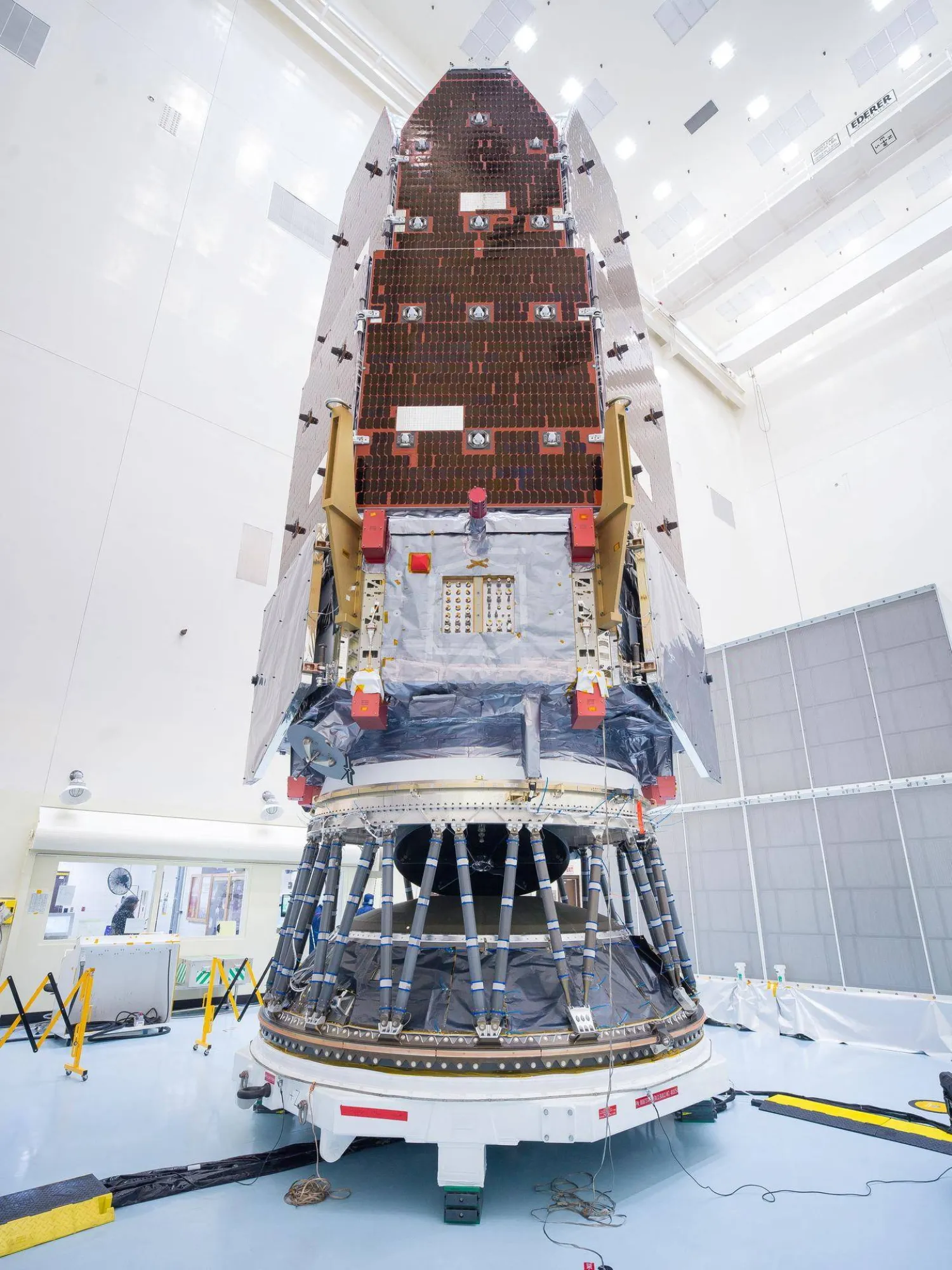 NASA's Nancy Grace Roman Space Telescope stands after engineers and technicians working inside the Payload Hazardous Servicing Facility mated the observatory to its payload adapter and a strut payload attach fitting, a specialized piece of hardware designed for large, heavy loads at NASA's Kennedy Space Center in Cape, Canaveral, Florida, US August 7, 2026 NASA/Jolearra Tshiteya via REUTERS