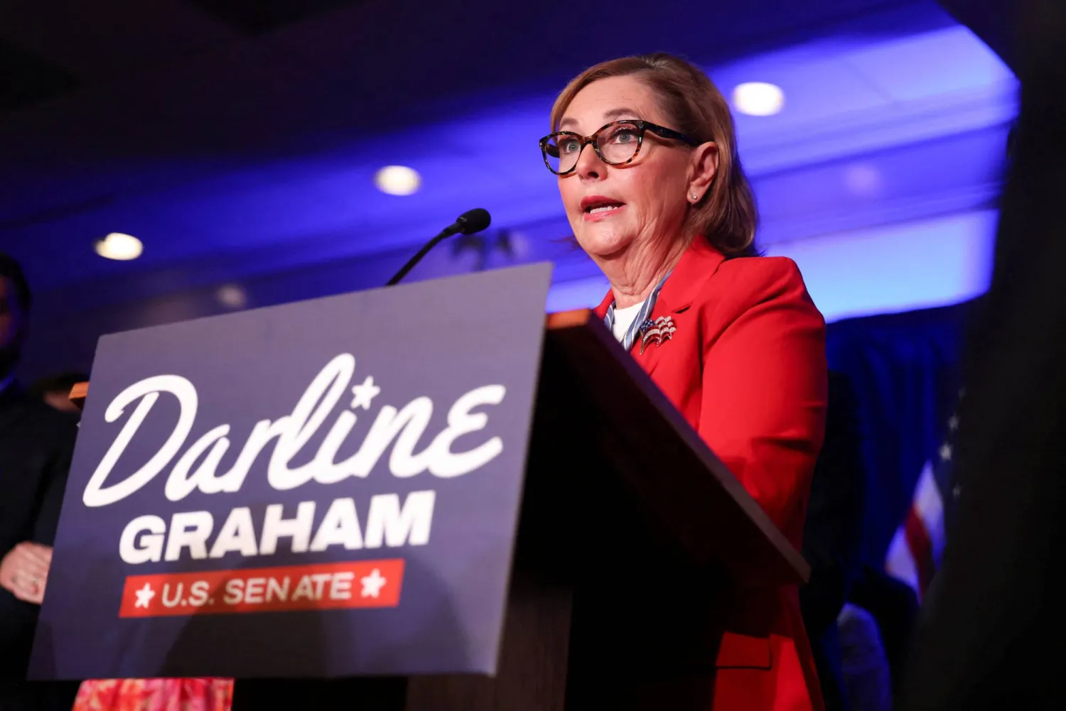 US Senator Darline Graham (R-SC) speaks with supporters after winning her Republican primary runoff against US Representative Ralph Norman (R-SC) for her current US Senate seat, in Columbia, South Carolina, US, August 25, 2026. (Reuters)