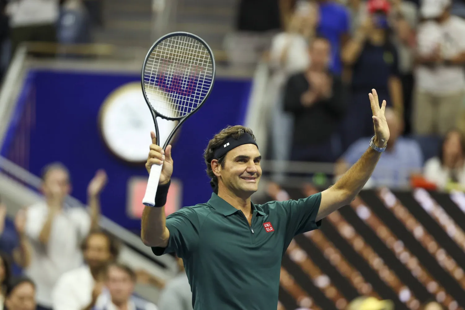 Swiss former tennis player Roger Federer reacts to spectators during the “Roger Federer: An Icon Returns to New York” exhibition match during US Open Fan Week at Arthur Ashe Stadium in the USTA Billie Jean King National Tennis Center in Flushing Meadows, New York, US, 25 August 2026. (EPA) 