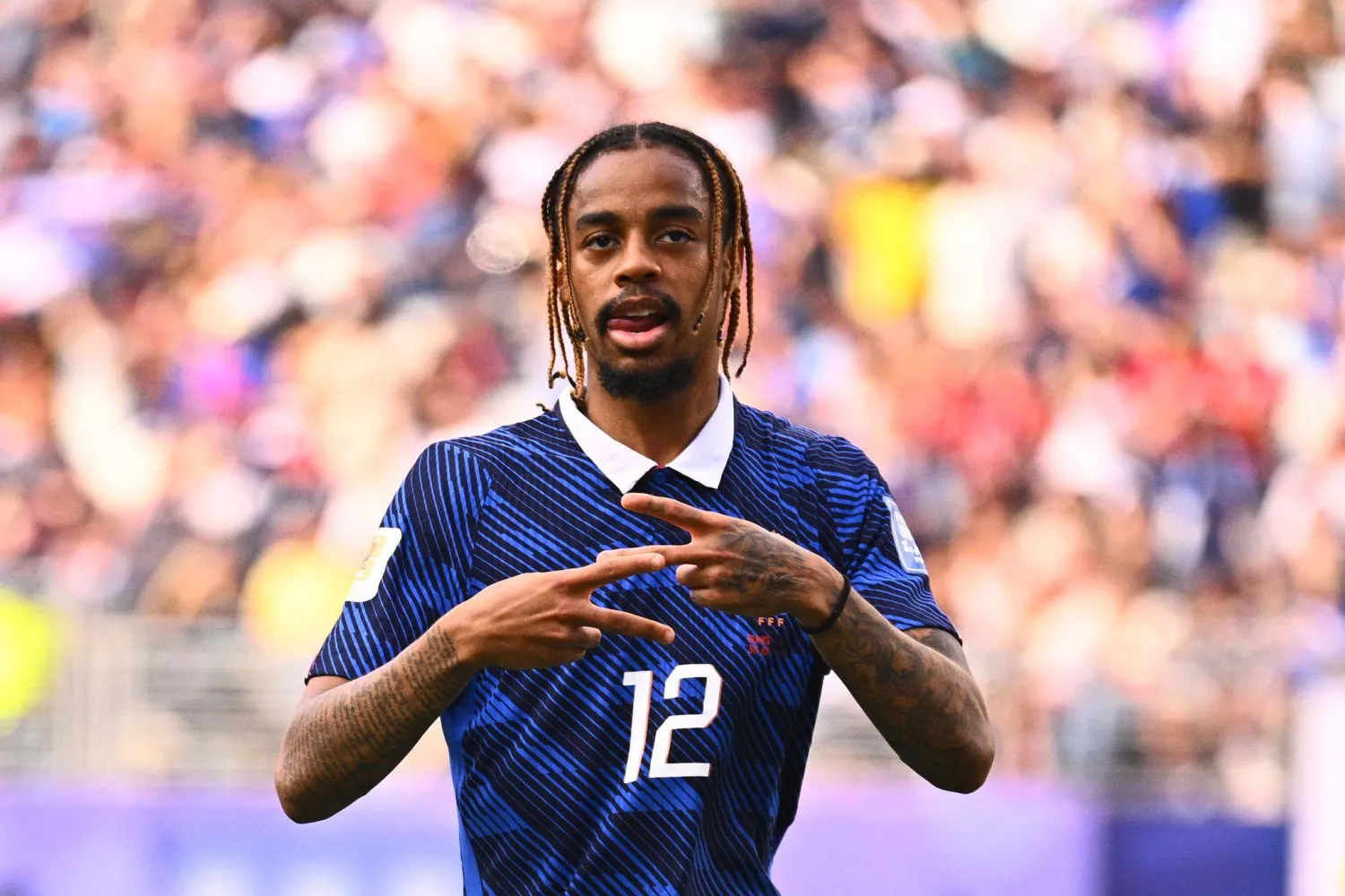 FILED - 30 June 2026, US, East Rutherford: FILE PHOTO - France's Bradley Barcola celebrates after scoring his side's second goal during the 2026 FIFA World Cup Round of 32 soccer match between France and Sweden, at New York-New Jersey Stadium. Photo: Tom Weller/dpa