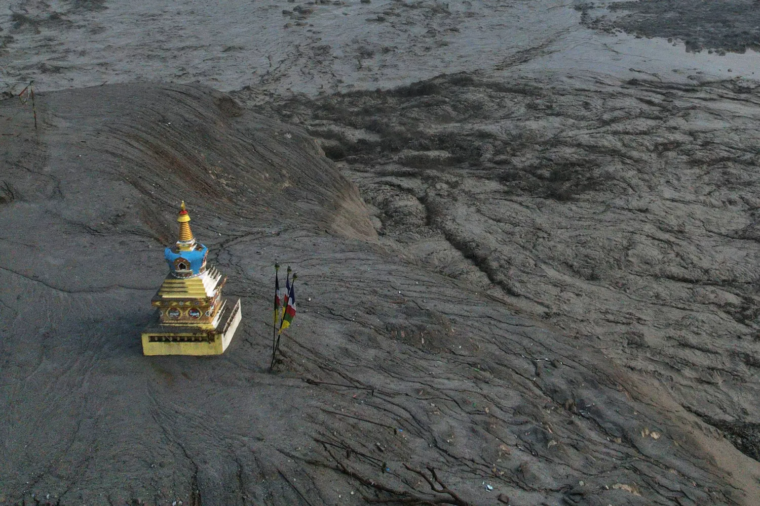 A drone view of the aftermath of flash flooding along the Trishuli river amidst fresh water surge warning in the Trishuli Bazaar area of Nuwakot district, Nepal, Sunday, Aug. 30, 2026. (AP)