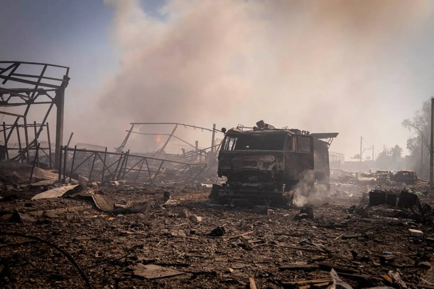 A view of the destruction after a Russian attack struck a warehouse, followed by an explosion, in the village of Myla, Kyiv region, Ukraine, Saturday, Aug. 29, 2026. (AP)